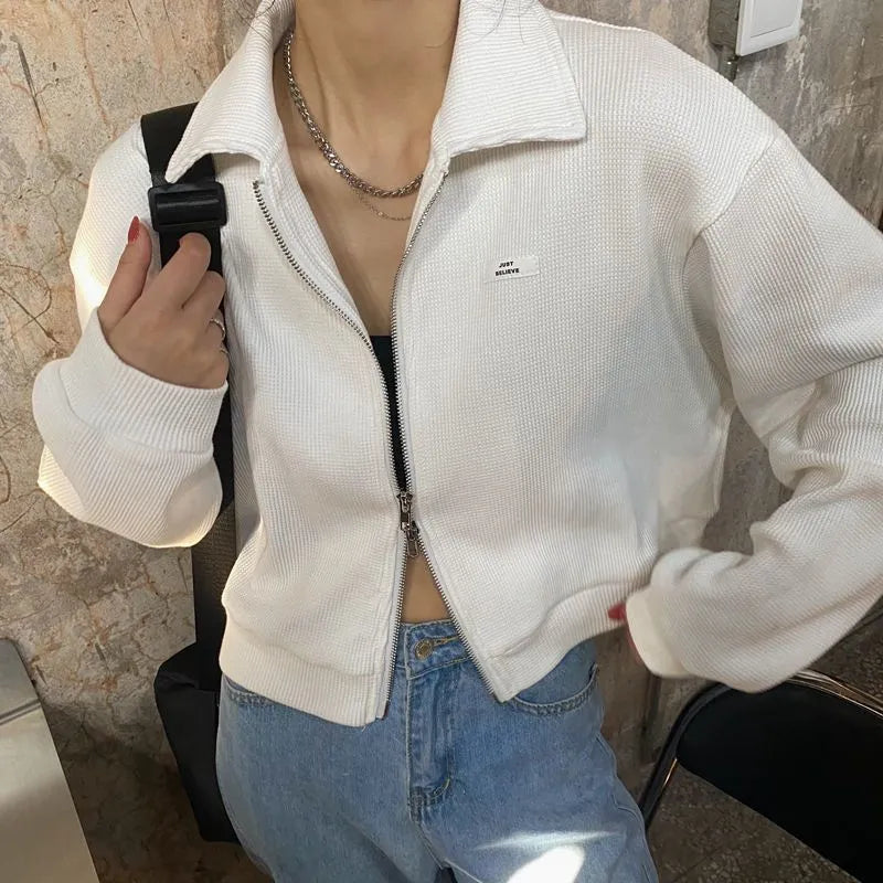 Waffle Knit Zipper Cardigan