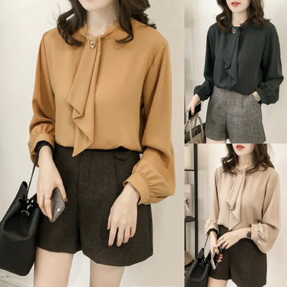 Chic Chiffon Office Shirt with Built-In Tie | 3/4 Sleeve Formal Workwear Blouse