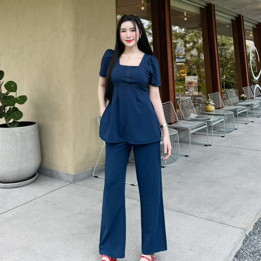 Elegant Wool Wave Co-ord Set for Women – Square Neck Long Top with Side Slits & Pocket Pants