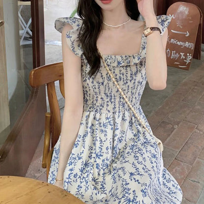 Blue Floral Ruffle Strap Cotton Maxi Dress – Casual Prairie Chic Style