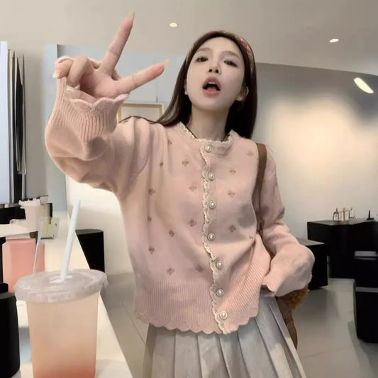 Stylish Pink Lace Cardigan Sweater | Trendy Knitted Long Sleeve Knitwear