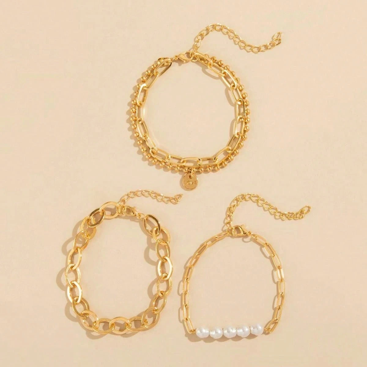 4pcs Baroque Pearl Chain & Love Letter Charm Bracelet Set | Boho Layered Gold Bracelets | Trendy Daily Jewelry