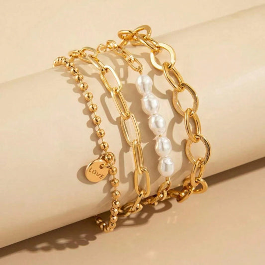 4pcs Baroque Pearl Chain & Love Letter Charm Bracelet Set | Boho Layered Gold Bracelets | Trendy Daily Jewelry
