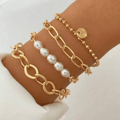 4pcs Baroque Pearl Chain & Love Letter Charm Bracelet Set | Boho Layered Gold Bracelets | Trendy Daily Jewelry