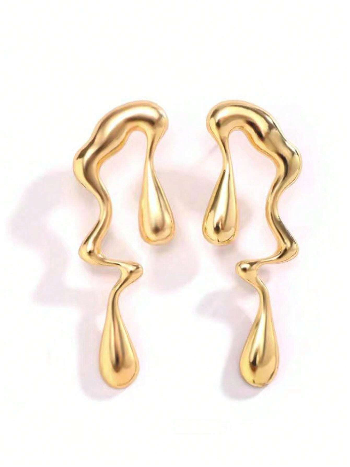 European Style Liquid Metal Water Drop Earrings | Asymmetrical Geometric Statement Jewelry