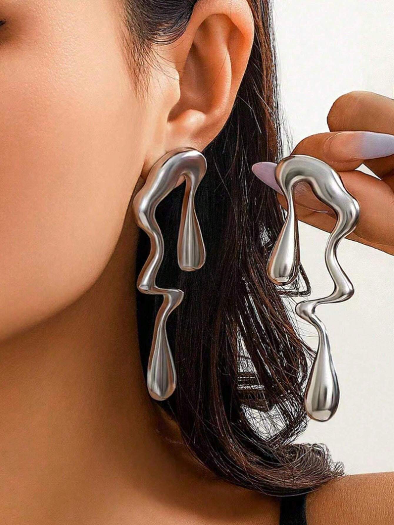 European Style Liquid Metal Water Drop Earrings | Asymmetrical Geometric Statement Jewelry