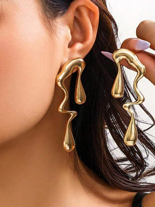 European Style Liquid Metal Water Drop Earrings | Asymmetrical Geometric Statement Jewelry