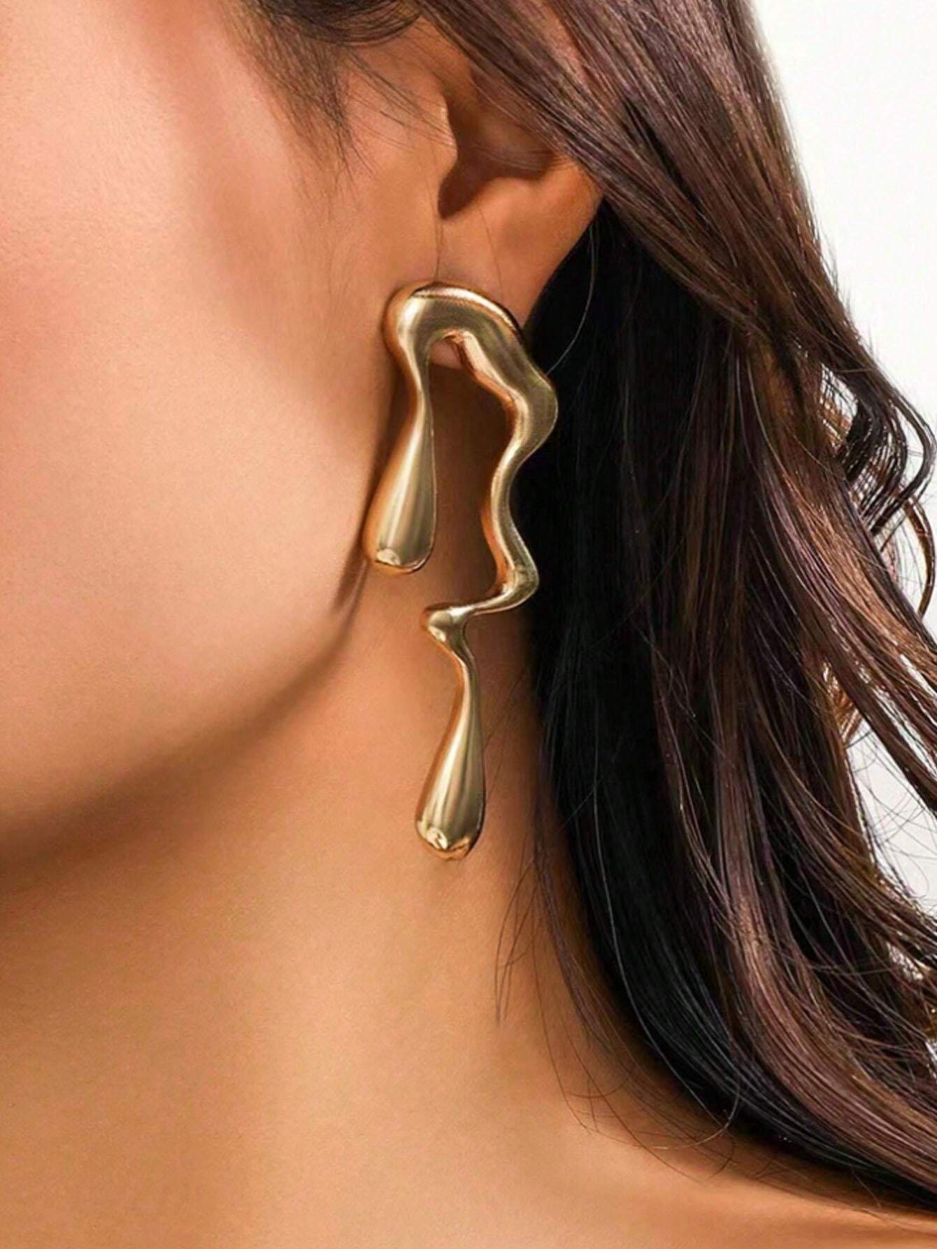 European Style Liquid Metal Water Drop Earrings | Asymmetrical Geometric Statement Jewelry