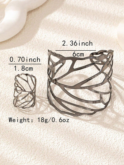 2pcs Hollow Out Leaf-Shaped Ring & Bracelet Set | European & American Creative Metal Jewelry Duo