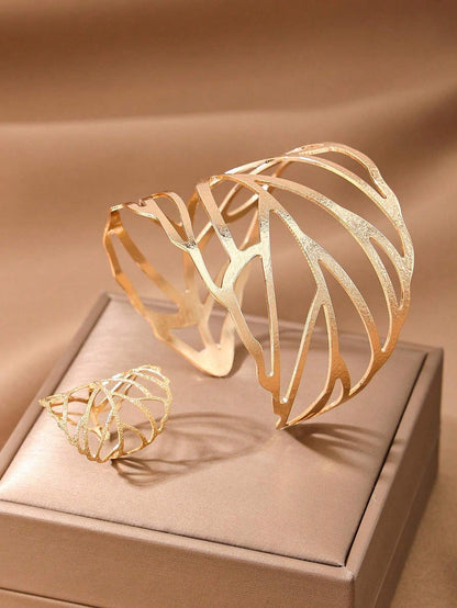 2pcs Hollow Out Leaf-Shaped Ring & Bracelet Set | European & American Creative Metal Jewelry Duo
