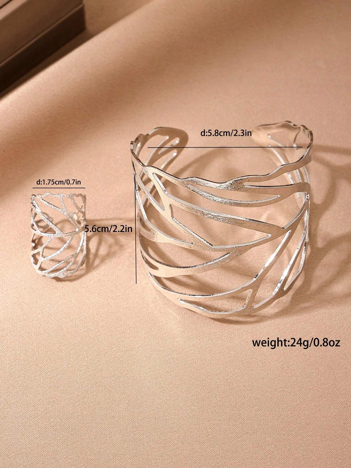 2pcs Hollow Out Leaf-Shaped Ring & Bracelet Set | European & American Creative Metal Jewelry Duo