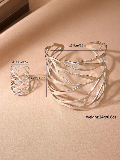 2pcs Hollow Out Leaf-Shaped Ring & Bracelet Set | European & American Creative Metal Jewelry Duo