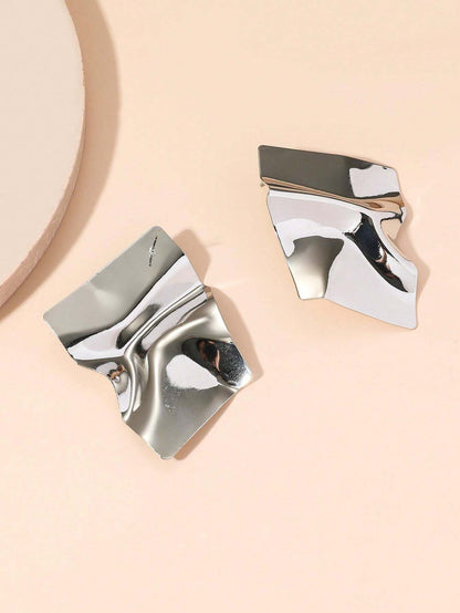 Shiny Gold & Silver Geometric Stud Earrings | Trendy Large Fashion Earrings