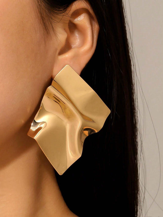Shiny Gold & Silver Geometric Stud Earrings | Trendy Large Fashion Earrings