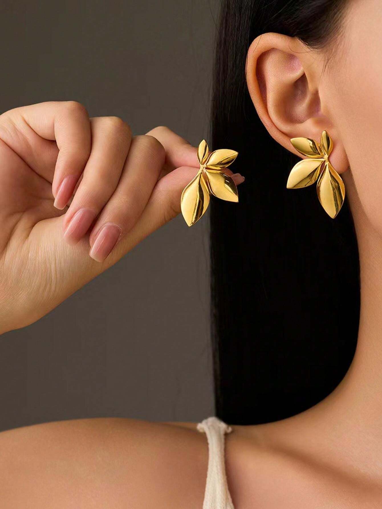 Smooth Floral Stainless Steel Stud Earrings | Minimalist Leaf Design Daily Wear Jewelry