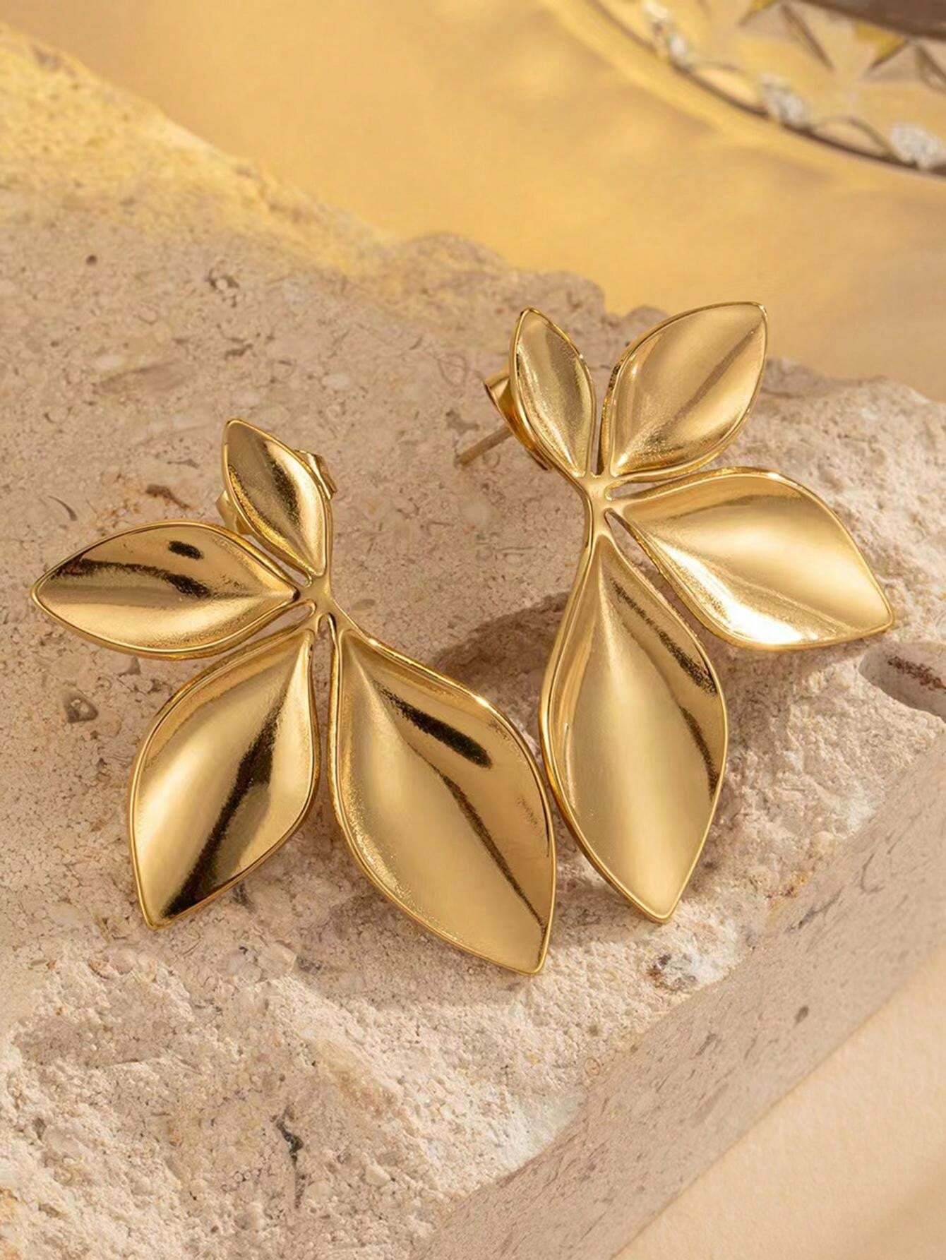 Smooth Floral Stainless Steel Stud Earrings | Minimalist Leaf Design Daily Wear Jewelry