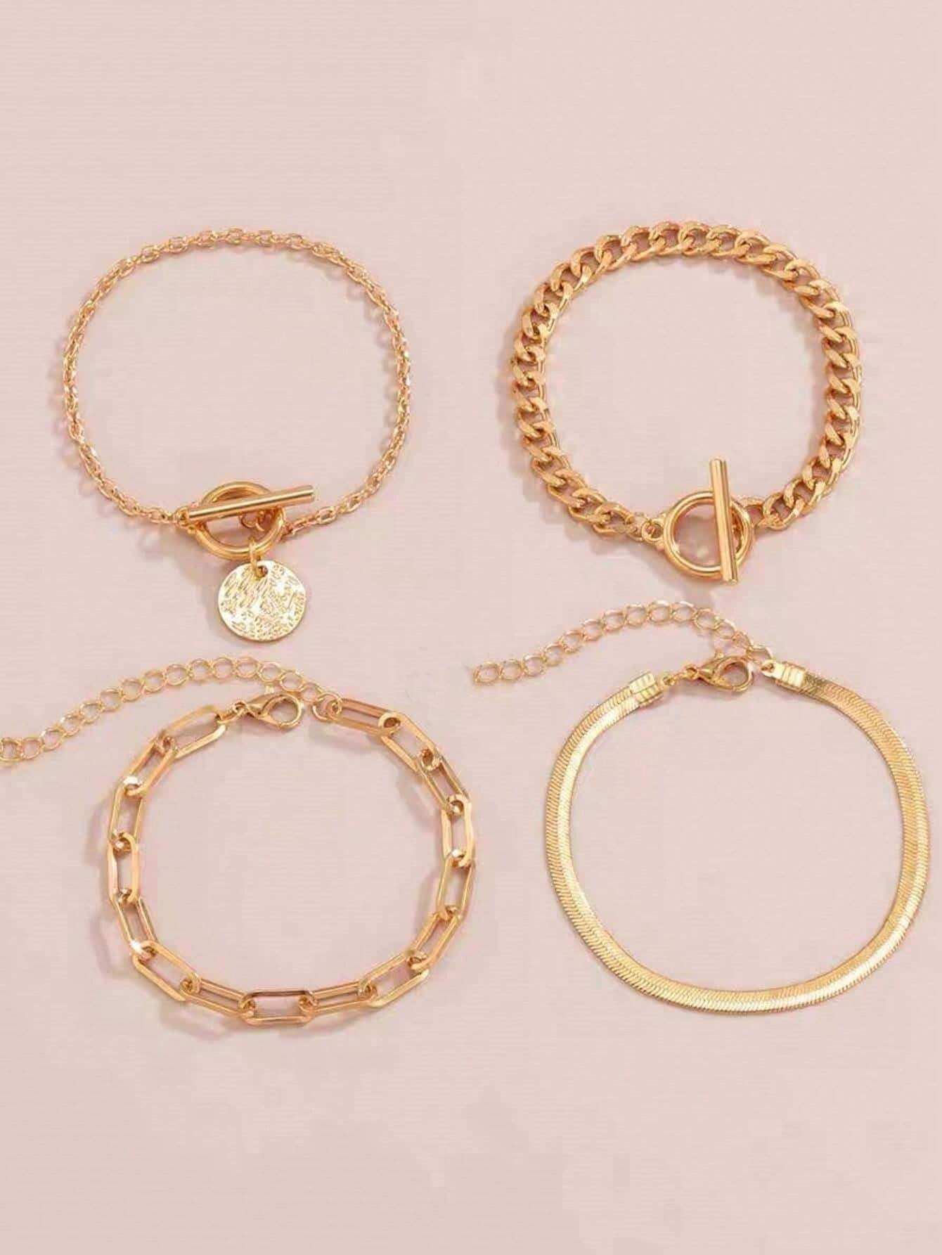 4pcs Gold Minimalist Disc Charm OT Buckle Chain Bracelet Set | Trendy Layered Daily Wear Jewelry
