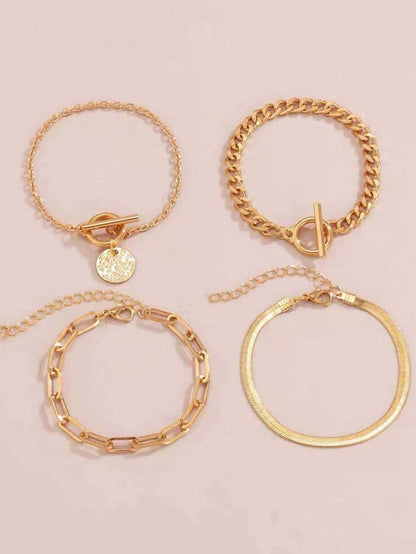 4pcs Gold Minimalist Disc Charm OT Buckle Chain Bracelet Set | Trendy Layered Daily Wear Jewelry