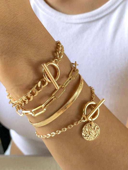4pcs Gold Minimalist Disc Charm OT Buckle Chain Bracelet Set | Trendy Layered Daily Wear Jewelry