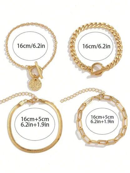 4pcs Gold Minimalist Disc Charm OT Buckle Chain Bracelet Set | Trendy Layered Daily Wear Jewelry