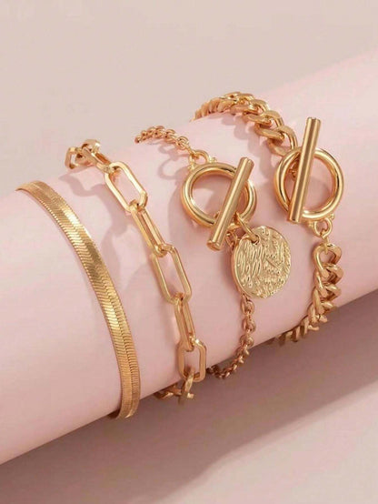 4pcs Gold Minimalist Disc Charm OT Buckle Chain Bracelet Set | Trendy Layered Daily Wear Jewelry