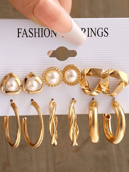 6Pairs of Women Pearl & Rhinestone Earring Set – Elegant Geometric Studs for Daily & Party Wear