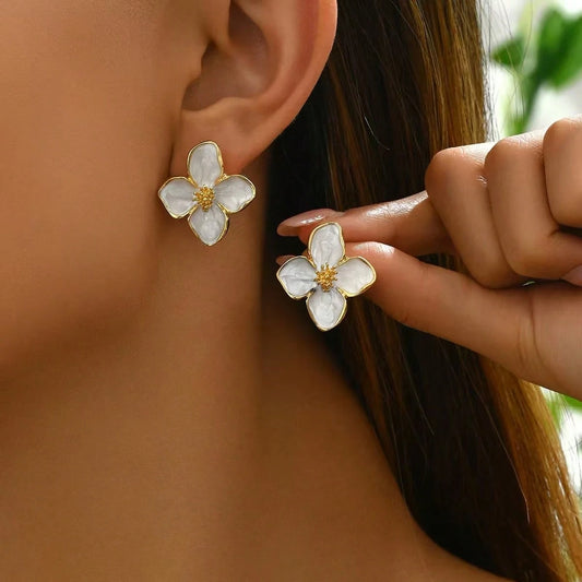 Elegant White Hibiscus Flower Stud Earrings | French Retro Glazed Floral Earrings