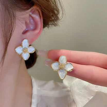 Elegant White Hibiscus Flower Stud Earrings | French Retro Glazed Floral Earrings
