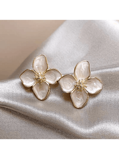 Elegant White Hibiscus Flower Stud Earrings | French Retro Glazed Floral Earrings