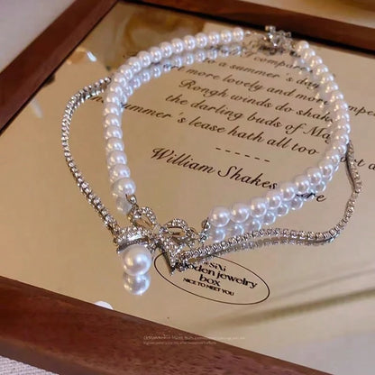 Elegant Faux Pearl Beaded Bowknot Necklace for Women – Silver Rhinestone Party Accessory