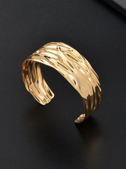 Gold Wide Chunky Statement Cuff Bracelet | Geometric Open Bangle | Trendy Party Jewelry