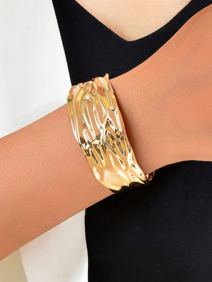 Gold Wide Chunky Statement Cuff Bracelet | Geometric Open Bangle | Trendy Party Jewelry