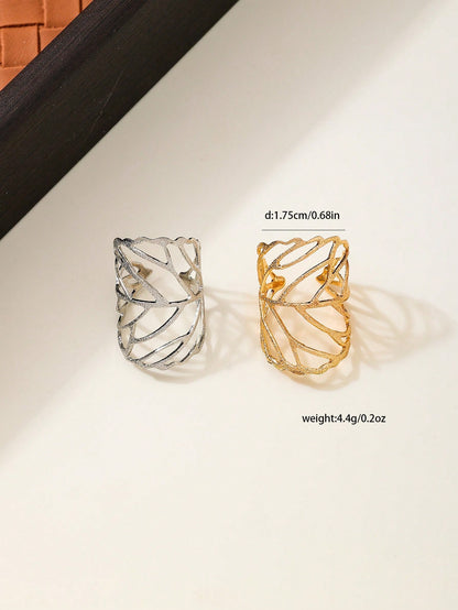 2pcs Hollow Out Leaf-Shaped Ring & Bracelet Set | European & American Creative Metal Jewelry Duo