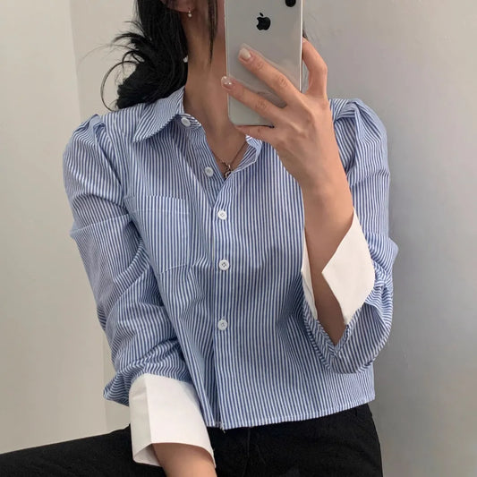 Korean Style Striped Crop Shirt for Women | Oversized Button-Up Long Sleeve Shirt with Asymmetric Hem