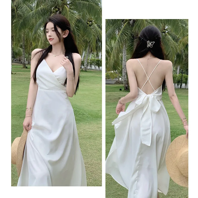 Elegant White Spaghetti Strap Backless Summer Maxi Dress – Beach Vacation Boho Dress