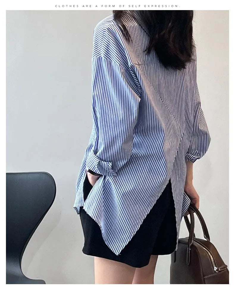 Chic Korean-Style Blue Striped Shirt for Women | Long Sleeve Button-Down with Back Slit | Trendy Casual Top