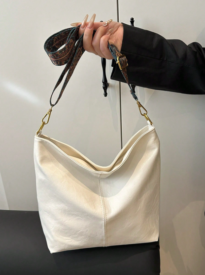 Summer Shoulder Tote Bucket Bag – Large Capacity PU Leather Handbag with Adjustable Strap & Chic Chain Detail