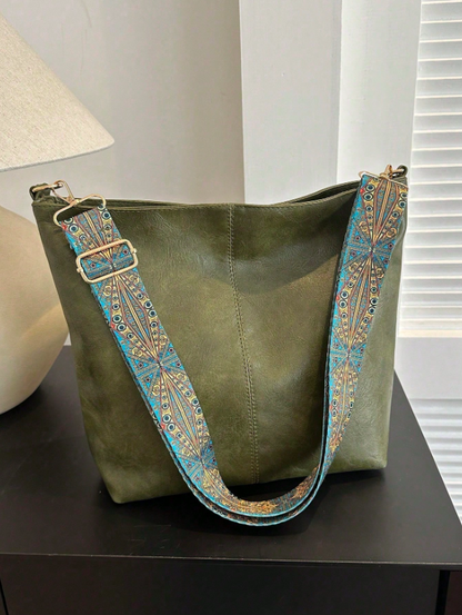 Summer Shoulder Tote Bucket Bag – Large Capacity PU Leather Handbag with Adjustable Strap & Chic Chain Detail