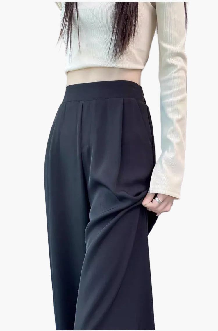 High Waist Wide-Leg Ice Silk Suit Pants – Breathable, Pleated Trousers