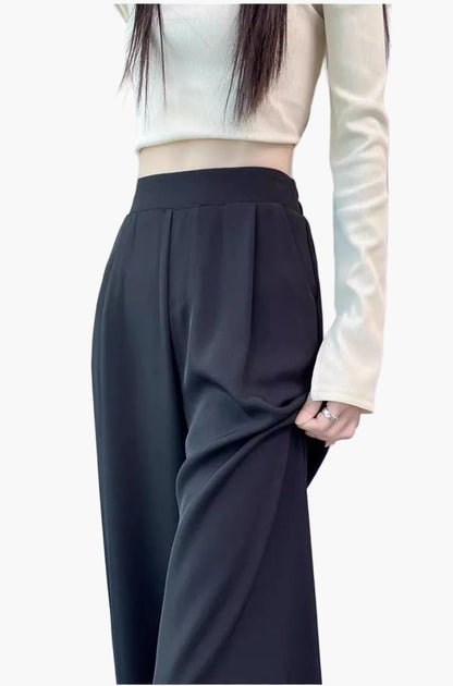 High Waist Wide-Leg Ice Silk Suit Pants – Breathable, Pleated Trousers