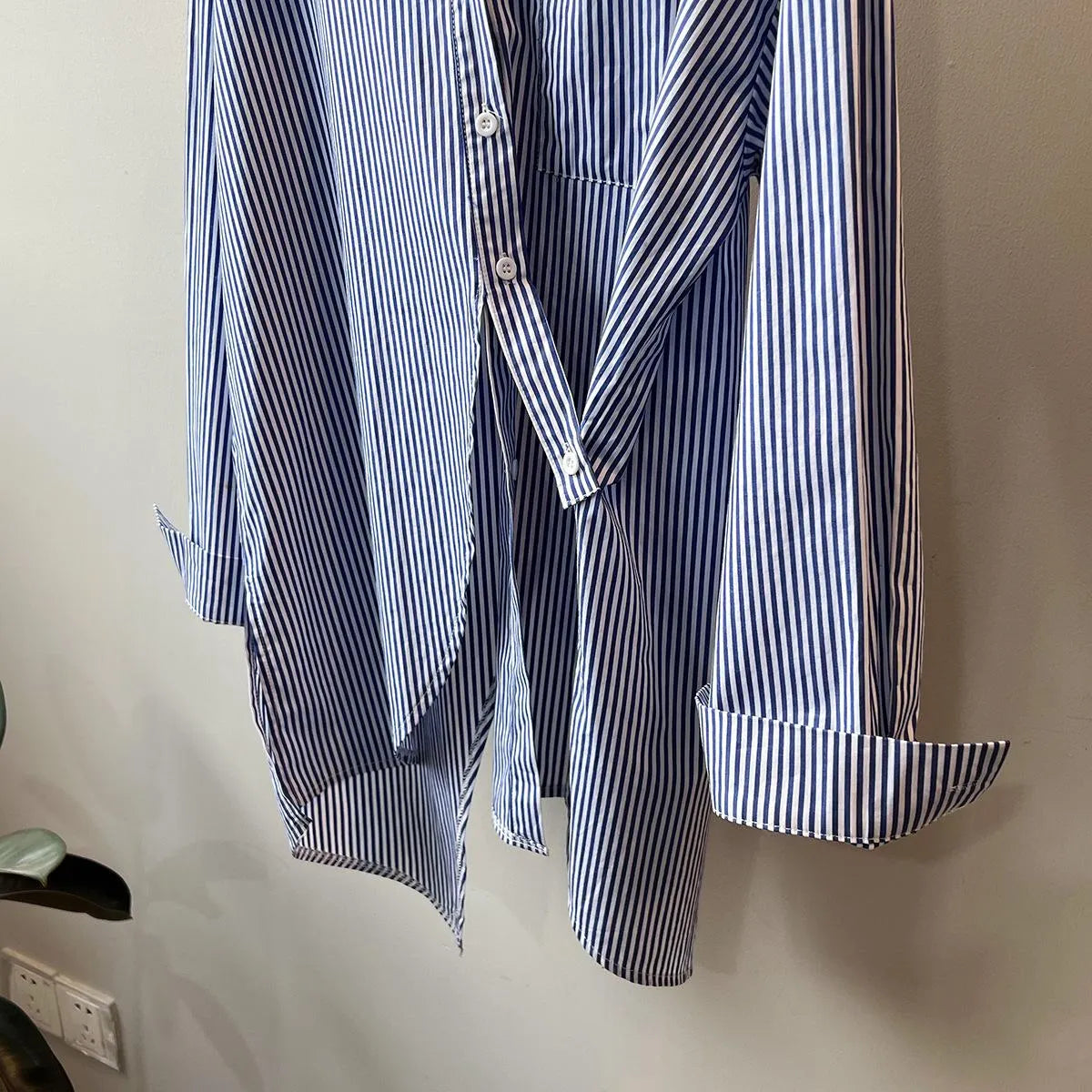 Chic Korean-Style Blue Striped Shirt for Women | Long Sleeve Button-Down with Back Slit | Trendy Casual Top