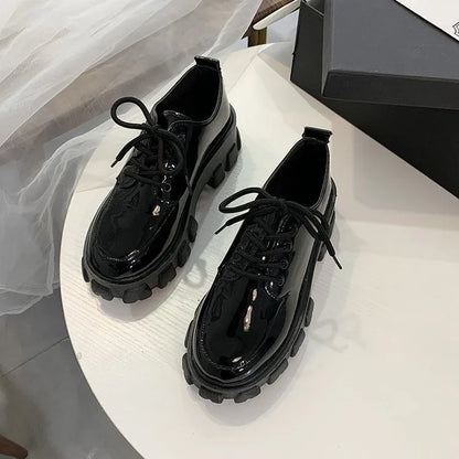 Chunky Platform PU Leather Lace-Up Shoes for Women – Mirror & Matte Black JK Style Loafers