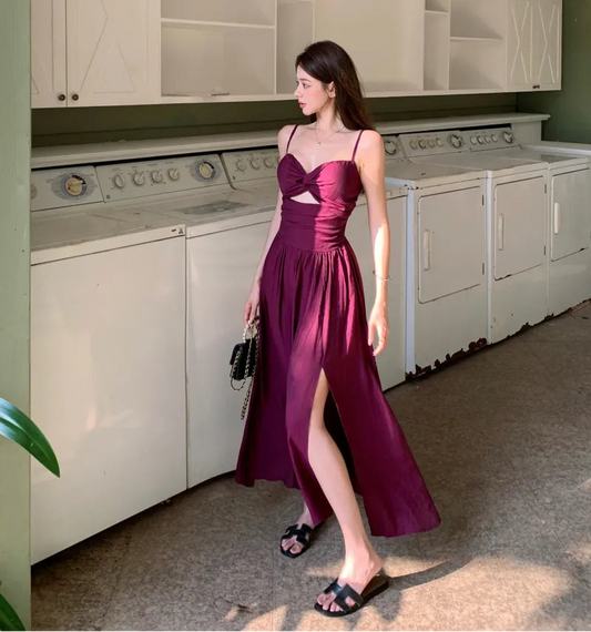 Elegant Korean Maxi Dress with Spaghetti Straps & Thigh Slit – Cotton Blend