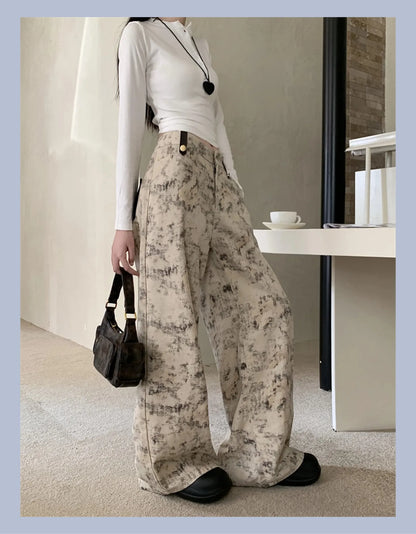 High-Waisted Tie-Dye Tapered Denim Pants – Vintage Style with Back Pockets, Khaki Fit