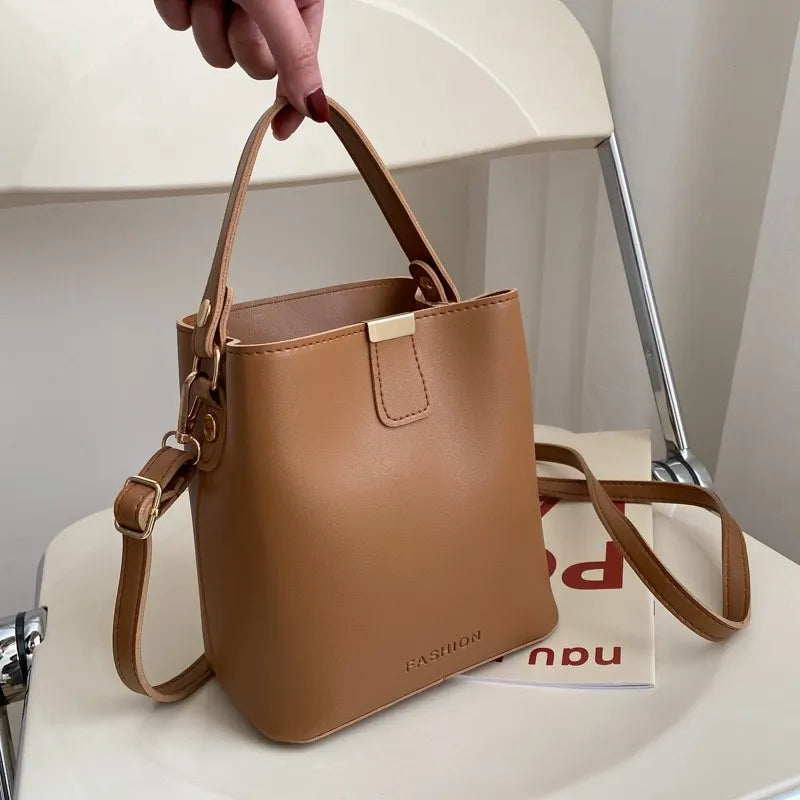 Trendy PU Leather Bucket Bag – Minimalist Shoulder, Crossbody & Handbag | Solid Color, Large Capacity