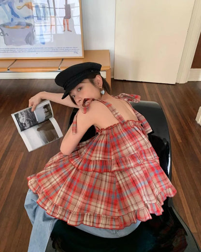Trendy Korean Style Sleeveless Crop Top for Women | Red Checkered Off-Shoulder Summer Blouse | Casual Cute Aesthetic