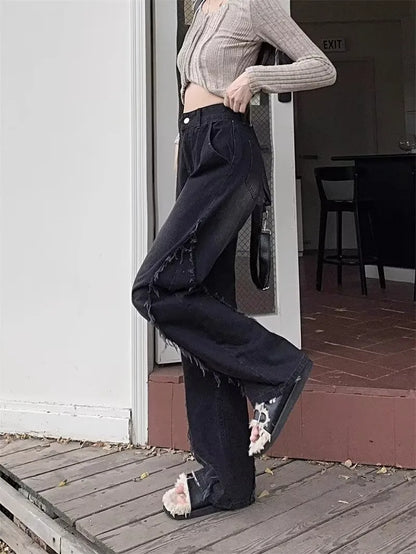 Vintage High-Waisted Wide-Leg Jeans with Fringe Details | Black Straight-Fit Streetwear Denim Pants for Women