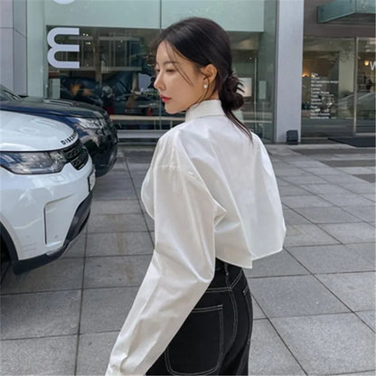 Korean Street Style Long Sleeve Cropped Polo Shirt for Women – Casual Minimalist Cotton Top for Layering & Daily Wear