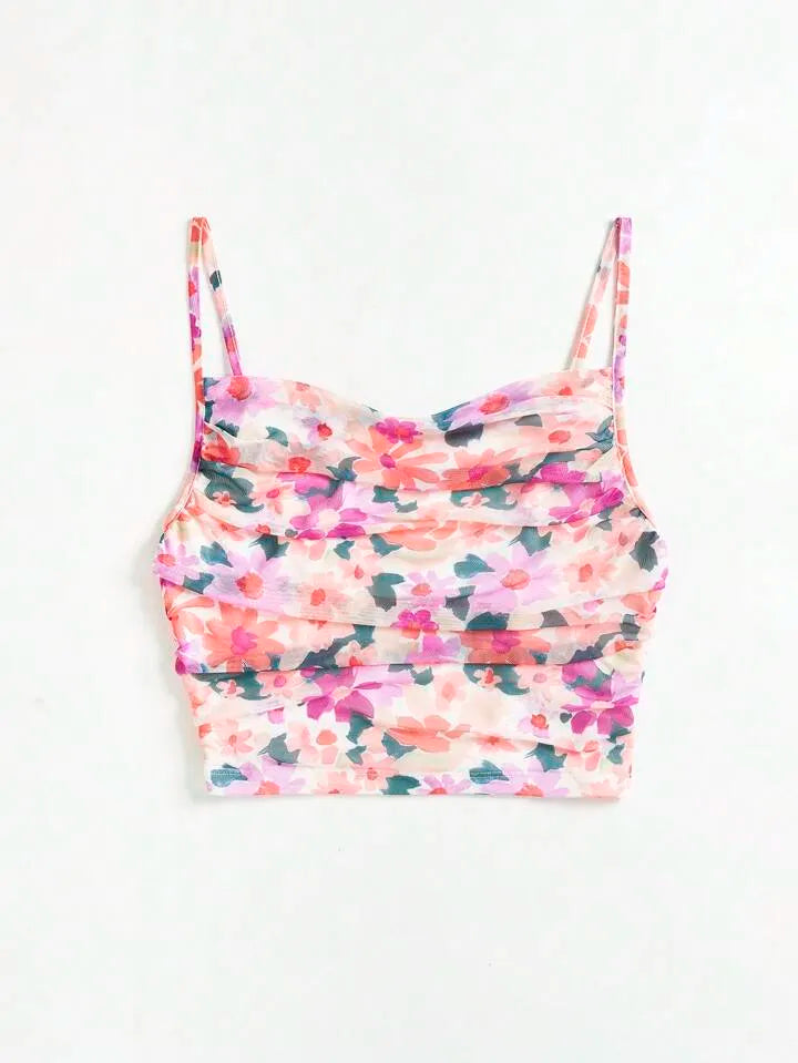 Y2K Floral Mesh Strappy Crop