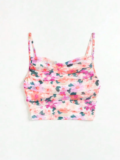 Y2K Floral Mesh Strappy Crop